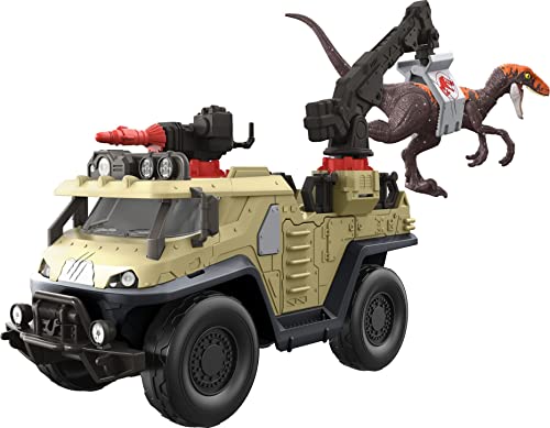 Jurassic World Dominion Capture and Crush Truck with Velociraptor Dinosaur Figure, Toy Vehicle with Tranquilizer, Crane and 2 Breakaways, Gift with Physical and Digital Play from Mattel