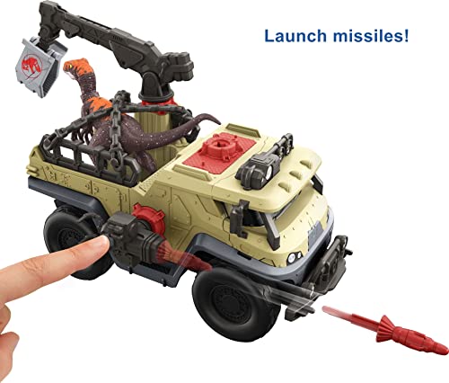 Jurassic World Dominion Capture and Crush Truck with Velociraptor Dinosaur Figure, Toy Vehicle with Tranquilizer, Crane and 2 Breakaways, Gift with Physical and Digital Play from Mattel