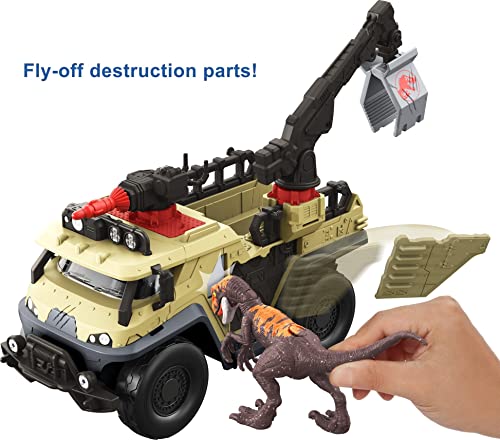 Jurassic World Dominion Capture and Crush Truck with Velociraptor Dinosaur Figure, Toy Vehicle with Tranquilizer, Crane and 2 Breakaways, Gift with Physical and Digital Play from Mattel