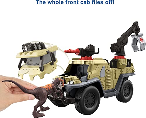Jurassic World Dominion Capture and Crush Truck with Velociraptor Dinosaur Figure, Toy Vehicle with Tranquilizer, Crane and 2 Breakaways, Gift with Physical and Digital Play from Mattel