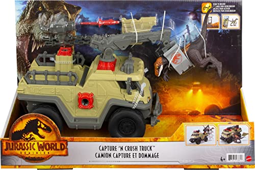 Jurassic World Dominion Capture and Crush Truck with Velociraptor Dinosaur Figure, Toy Vehicle with Tranquilizer, Crane and 2 Breakaways, Gift with Physical and Digital Play from Mattel