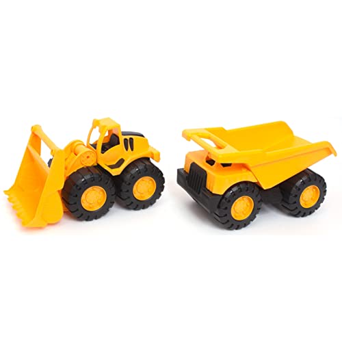Amazon Basics Toy Construction Vehicle Set, Dump Truck and Bulldozer, Indoor/Outdoor, 10-Inch, Yellow (Pack of 2) by Amazon Basics