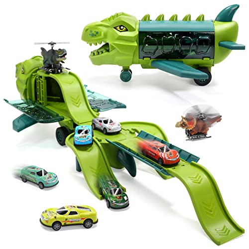 2 in 1 Dinosaur Airplane Toys for 3 4 5 6 Years Old, Tracks Transport Plane Toy with 2 Dino Helicopter Vehicles and Mini Race Cars, Storage Play Set Birthday Gift Kids Toddler Boy Girl from HOLYFUN