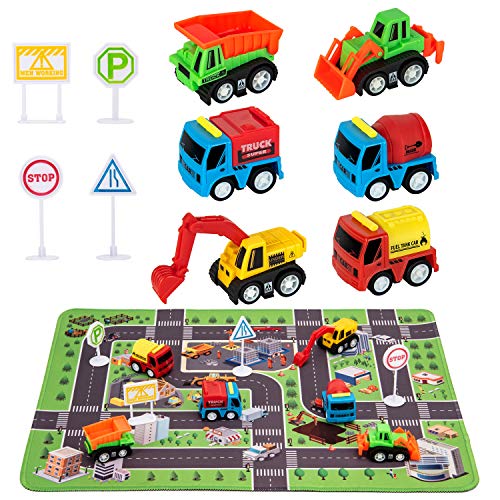 Cars Sets Construction Vehicle Toys with Play Mat, 6 Construction Trucks, 3 Road Signs, Construction Site Playmat, Engineering Vehicle Sets, Mini Pull Back Car Toys for Travel Toy by CHICKEN TOYS