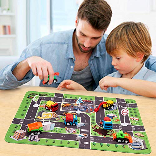 Cars Sets Construction Vehicle Toys with Play Mat, 6 Construction Trucks, 3 Road Signs, Construction Site Playmat, Engineering Vehicle Sets, Mini Pull Back Car Toys for Travel Toy by CHICKEN TOYS