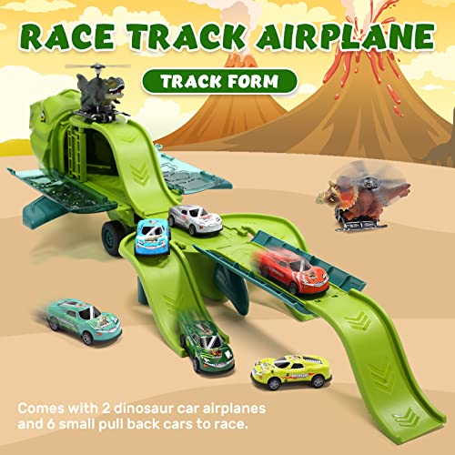 2 in 1 Dinosaur Airplane Toys for 3 4 5 6 Years Old, Tracks Transport Plane Toy with 2 Dino Helicopter Vehicles and Mini Race Cars, Storage Play Set Birthday Gift Kids Toddler Boy Girl from HOLYFUN