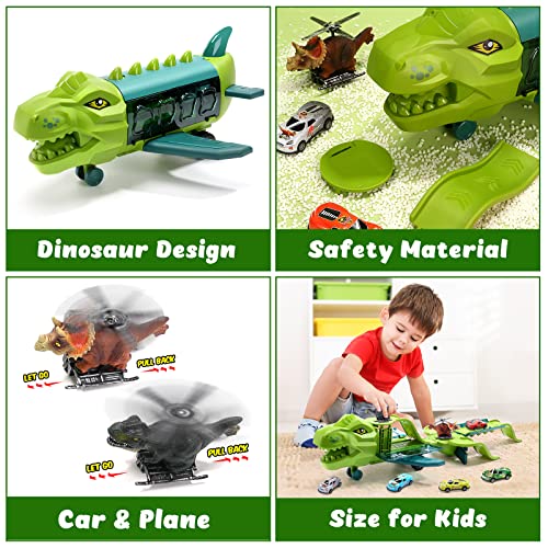 2 in 1 Dinosaur Airplane Toys for 3 4 5 6 Years Old, Tracks Transport Plane Toy with 2 Dino Helicopter Vehicles and Mini Race Cars, Storage Play Set Birthday Gift Kids Toddler Boy Girl from HOLYFUN
