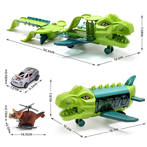 2 in 1 Dinosaur Airplane Toys for 3 4 5 6 Years Old, Tracks Transport Plane Toy with 2 Dino Helicopter Vehicles and Mini Race Cars, Storage Play Set Birthday Gift Kids Toddler Boy Girl from HOLYFUN