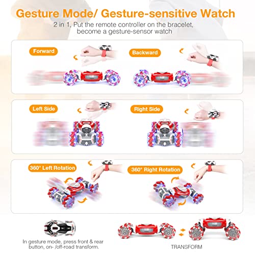 Powerextra 2022 New Scale Remote Control Car, 1:12 Gesture Control Rc Stunt Car, Double Side 360Â° Rotating Wrist Racing Crawler, All Terrains Toy Car 4WD Transform Off Road Vehicle, 90+ Mins Play Car from Powerextra