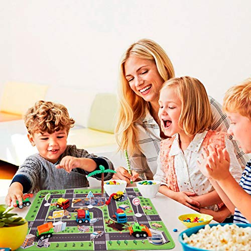 Cars Sets Construction Vehicle Toys with Play Mat, 6 Construction Trucks, 3 Road Signs, Construction Site Playmat, Engineering Vehicle Sets, Mini Pull Back Car Toys for Travel Toy by CHICKEN TOYS