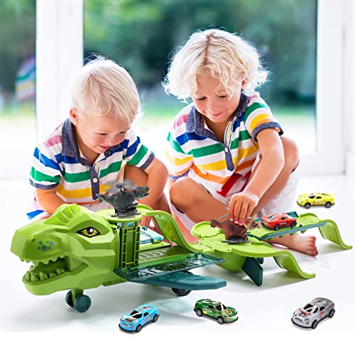 2 in 1 Dinosaur Airplane Toys for 3 4 5 6 Years Old, Tracks Transport Plane Toy with 2 Dino Helicopter Vehicles and Mini Race Cars, Storage Play Set Birthday Gift Kids Toddler Boy Girl from HOLYFUN