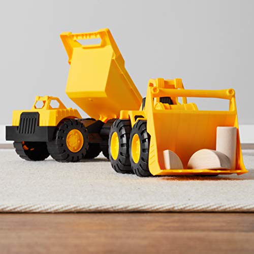 Amazon Basics Toy Construction Vehicle Set, Dump Truck and Bulldozer, Indoor/Outdoor, 10-Inch, Yellow (Pack of 2) by Amazon Basics
