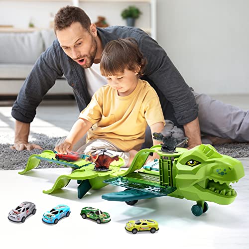 2 in 1 Dinosaur Airplane Toys for 3 4 5 6 Years Old, Tracks Transport Plane Toy with 2 Dino Helicopter Vehicles and Mini Race Cars, Storage Play Set Birthday Gift Kids Toddler Boy Girl from HOLYFUN