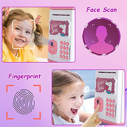 Money Bank for Kids, Electronic Piggy Bank Mini ATM Toy, Fingerprint & Face Scan Password Code Lock Cash Coin Money Safe Saving Box, Birthday Gift for Children Girls by CWLAKON