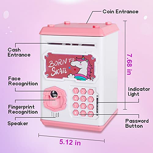 Money Bank for Kids, Electronic Piggy Bank Mini ATM Toy, Fingerprint & Face Scan Password Code Lock Cash Coin Money Safe Saving Box, Birthday Gift for Children Girls by CWLAKON