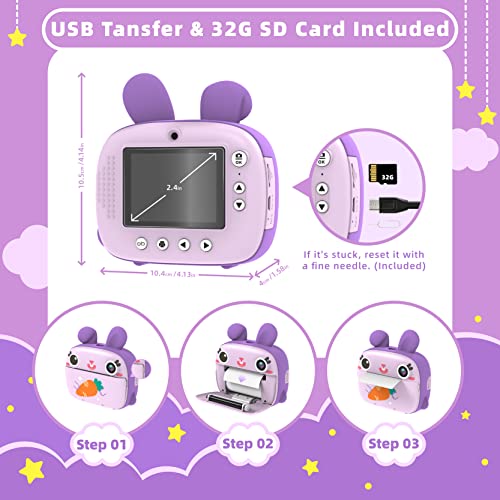 CAMCLID Instant Camera for Kids, 1080P Kids Camera Instant Print with No Ink Print Paper & 32G SD Card,Selfie Digital Camera & Video Camera with 2.4â Screen,Ideal Toy Gift for Girls Boys 3-12 (Purple) by CAMCLID