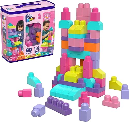 Mega Bloks First Builders Big Building Bag with Big Building Blocks, Building Toys for Toddlers (80 Pieces) - Pink Bag from Mattel
