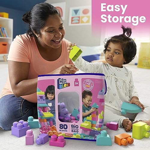Mega Bloks First Builders Big Building Bag with Big Building Blocks, Building Toys for Toddlers (80 Pieces) - Pink Bag from Mattel