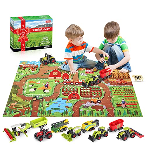Oriate Diecast Farm Tractor Vehicle with Farm Animal & Activity Play Mat, 38 Piece Educational Realistic Farm DIY Set for Kids, Including Sprayer, Cropcutter, Cow, Horse by Oriate