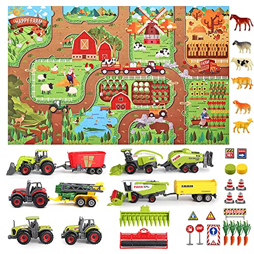 Oriate Diecast Farm Tractor Vehicle with Farm Animal & Activity Play Mat, 38 Piece Educational Realistic Farm DIY Set for Kids, Including Sprayer, Cropcutter, Cow, Horse by Oriate