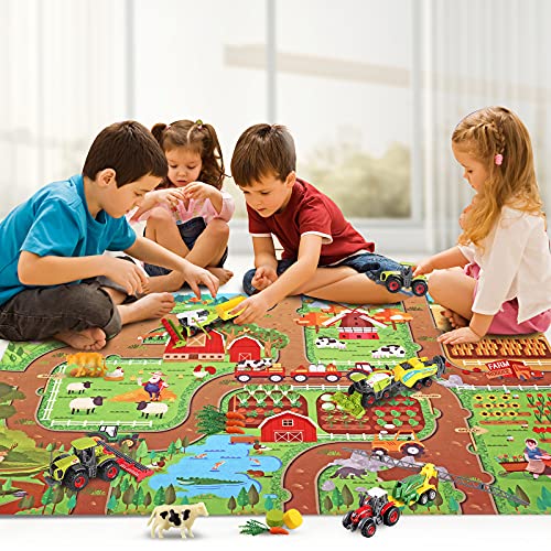 Oriate Diecast Farm Tractor Vehicle with Farm Animal & Activity Play Mat, 38 Piece Educational Realistic Farm DIY Set for Kids, Including Sprayer, Cropcutter, Cow, Horse by Oriate