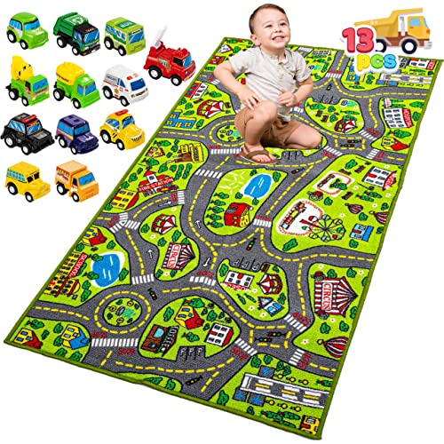 JOYIN Kids Play Rugs with 12 Pull-Back Vehicle Set, Durable Kids Carpet Playmat Rug, City Pretend Play, Toddler Car Track Rug by Joyin Inc