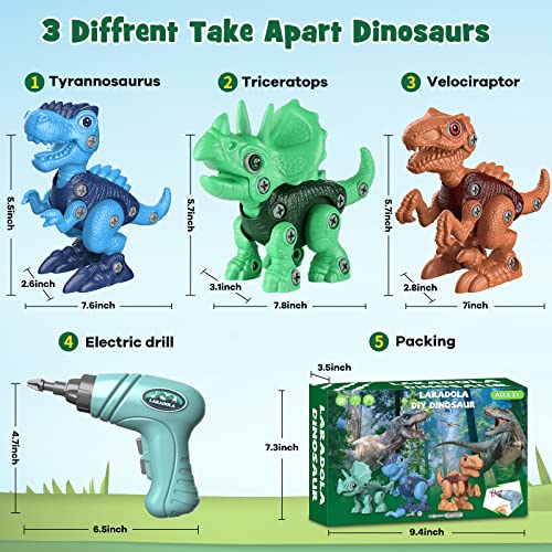 Dinosaur Toys for 3 4 5 6 7 Year Old Boys, Take Apart Dinosaur Toys for Kids 3-5 STEM Construction Building Toys with Electric Drill for Kids Ages 3-8, Dinosaur Toy Christmas Birthday Gifts Boys Girls by Laradola