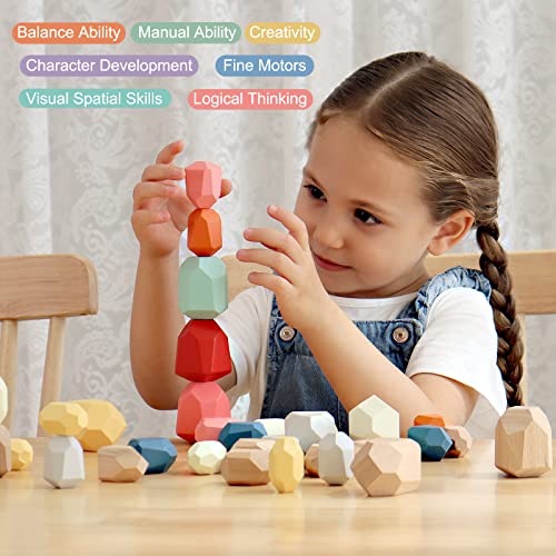 36 PCs Wooden Sorting Stacking Balancing Stone Rocks Educational Preschool Learning Toys Large Small Building Blocks Game Stones Lightweight Puzzle Set for Kids 3 Years Old by SHUANGSHI TOY