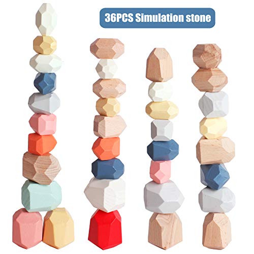 36 PCs Wooden Sorting Stacking Balancing Stone Rocks Educational Preschool Learning Toys Large Small Building Blocks Game Stones Lightweight Puzzle Set for Kids 3 Years Old by SHUANGSHI TOY