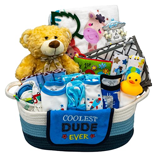 Bundle of Joy Deluxe Baby Boy Gift Set, Baby Layette Set with 25-Piece New Baby Essentials, Baby Gift Basket for Expecting Moms, Blue - Nikkiâs Gift Baskets from Nikki's Gift Baskets