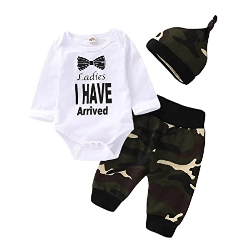 Baby Boy Girl Clothes Romper Outfits 3Pcs Newborn Infant Clothing Long Sleeve Letter Camouflage Print Romper Tops + Pants + Hat 0-3 Months by 