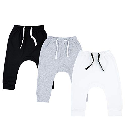 SOBOWO Newborn Baby Boy Girl 3-Pack Joggers Infant Baby Cotton Harem Pants for Unisex Boys Girls 0-24 Months (3-6 Months, Black/White/Grey) from 