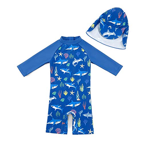 upandfast Baby/Toddler Boy One Piece Zip Sunsuits with Sun Hat UPF 50+ Sun Protection Infant Beach Swimsuit (Blue Shark(LS), 18-24 Months) by 
