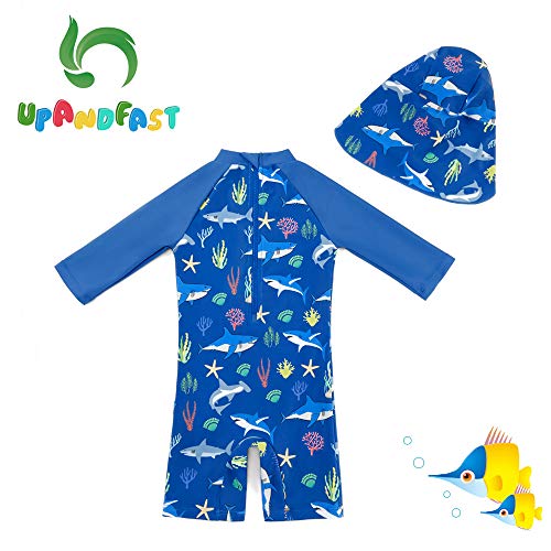 upandfast Baby/Toddler Boy One Piece Zip Sunsuits with Sun Hat UPF 50+ Sun Protection Infant Beach Swimsuit (Blue Shark(LS), 18-24 Months) by 