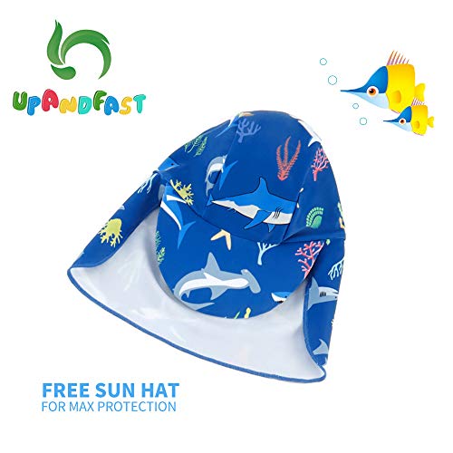 upandfast Baby/Toddler Boy One Piece Zip Sunsuits with Sun Hat UPF 50+ Sun Protection Infant Beach Swimsuit (Blue Shark(LS), 18-24 Months) by 