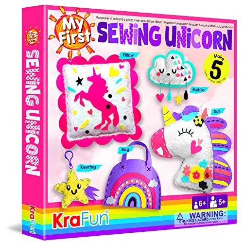 KRAFUN My First Unicorn Kids Sewing kit, Beginner Arts & Crafts, Make 5 Cute Projects with Plush Stuffed Animal, Pillow, Mobile, Keyring and Bag, Instructions & Felt for Learn Sewing, Embroidery from KRAFUN