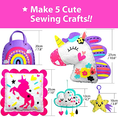 KRAFUN My First Unicorn Kids Sewing kit, Beginner Arts & Crafts, Make 5 Cute Projects with Plush Stuffed Animal, Pillow, Mobile, Keyring and Bag, Instructions & Felt for Learn Sewing, Embroidery from KRAFUN