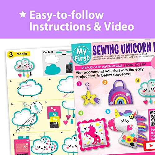 KRAFUN My First Unicorn Kids Sewing kit, Beginner Arts & Crafts, Make 5 Cute Projects with Plush Stuffed Animal, Pillow, Mobile, Keyring and Bag, Instructions & Felt for Learn Sewing, Embroidery from KRAFUN