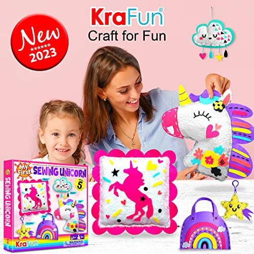 KRAFUN My First Unicorn Kids Sewing kit, Beginner Arts & Crafts, Make 5 Cute Projects with Plush Stuffed Animal, Pillow, Mobile, Keyring and Bag, Instructions & Felt for Learn Sewing, Embroidery from KRAFUN