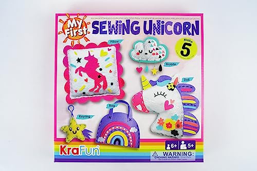 KRAFUN My First Unicorn Kids Sewing kit, Beginner Arts & Crafts, Make 5 Cute Projects with Plush Stuffed Animal, Pillow, Mobile, Keyring and Bag, Instructions & Felt for Learn Sewing, Embroidery from KRAFUN