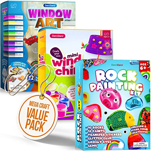 Kids Arts & Crafts Bundle - Painting Activities Kits for Boys & Girls of All Ages - Rock Painting, Window Art, DIY Chime Kit - Craft Supplies Activity Set - Kid & Toddler Summer Projects Gifts from Dan&Darci