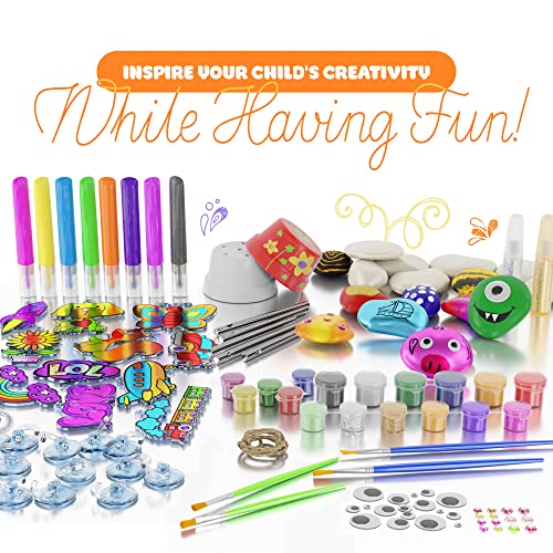 Kids Arts & Crafts Bundle - Painting Activities Kits for Boys & Girls of All Ages - Rock Painting, Window Art, DIY Chime Kit - Craft Supplies Activity Set - Kid & Toddler Summer Projects Gifts from Dan&Darci