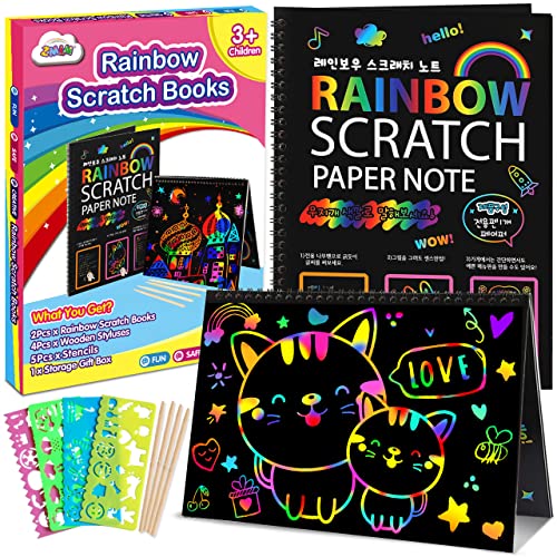 ZMLM Scratch Paper Art-Crafts Gift: 2 Pack Bulk Rainbow Magic Paper Supplies Toys for 3 4 5 6 7 8 9 10 Years Old Girls Kids Favors Gifts for Birthday Halloween Christmas Party Games Projects Kits from ZMLM