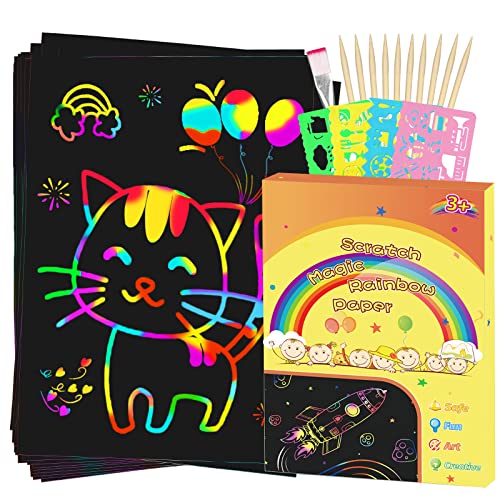 Scratch Paper Art Sets, Magic Scratch Rainbow Crafts Kits Drawing Toys for 3 4 5 6 7 8 9 Years Old Girls Boys, Educational Toys Thanksgiving Crafts Party Games Christmas Birthday Gift by SUPDILLI