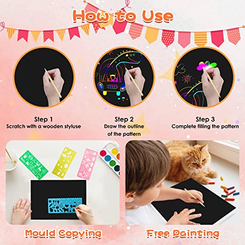 Scratch Paper Art Sets, Magic Scratch Rainbow Crafts Kits Drawing Toys for 3 4 5 6 7 8 9 Years Old Girls Boys, Educational Toys Thanksgiving Crafts Party Games Christmas Birthday Gift by SUPDILLI