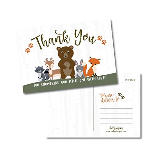 25 Girl or Boy Woodland Baby Shower Thank You Note Card Bulk Set, Blank Cute Animals Gender Reveal Neutral Sprinkle Postcards, No Envelope Needed For Party Gift, Personalize Printable Cardstock from Hadley Designs