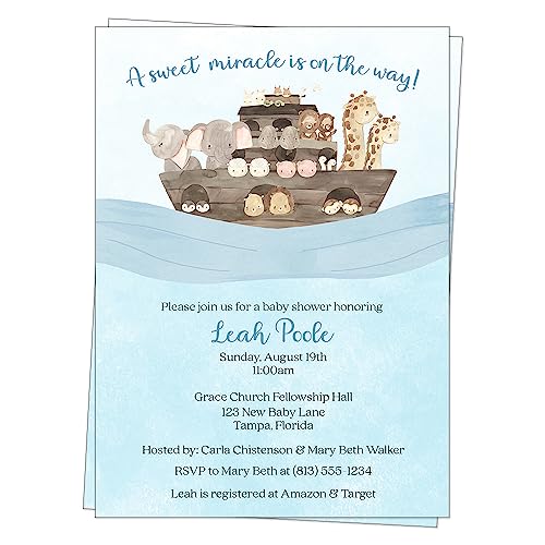 Baby Shower Invitations Noahs Ark Invites Watercolor Noah's Arc Religous Christian Little Miracle New Plan Rescheduled Event Postponed Boy Girl Unisex Customized Printed Cards (12 Count) from The Invite Lady