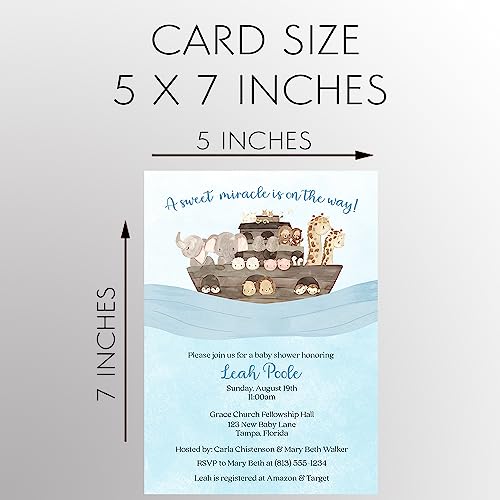 Baby Shower Invitations Noahs Ark Invites Watercolor Noah's Arc Religous Christian Little Miracle New Plan Rescheduled Event Postponed Boy Girl Unisex Customized Printed Cards (12 Count) from The Invite Lady