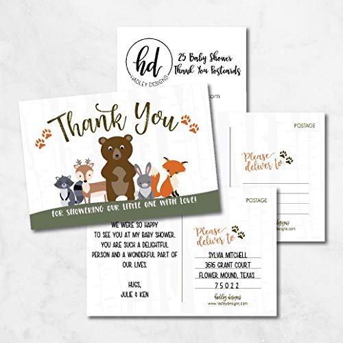 25 Girl or Boy Woodland Baby Shower Thank You Note Card Bulk Set, Blank Cute Animals Gender Reveal Neutral Sprinkle Postcards, No Envelope Needed For Party Gift, Personalize Printable Cardstock from Hadley Designs