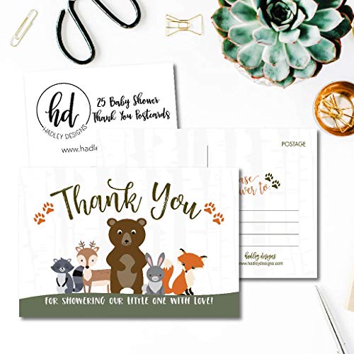 25 Girl or Boy Woodland Baby Shower Thank You Note Card Bulk Set, Blank Cute Animals Gender Reveal Neutral Sprinkle Postcards, No Envelope Needed For Party Gift, Personalize Printable Cardstock from Hadley Designs